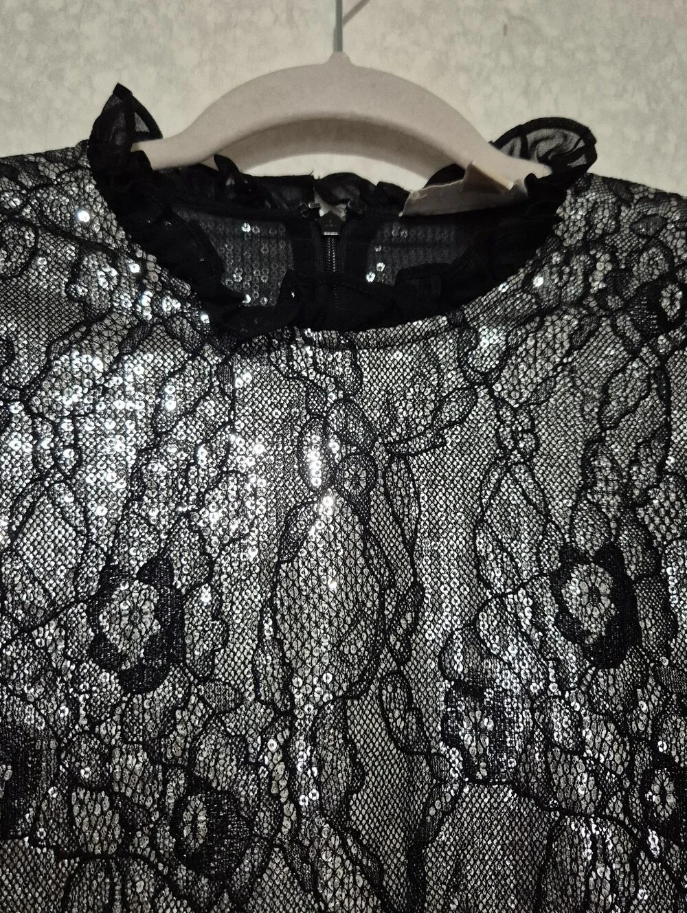 Michael Kors Silver Metallic Lace-Overlay Puff Sleeve Shift Dress-Size:L